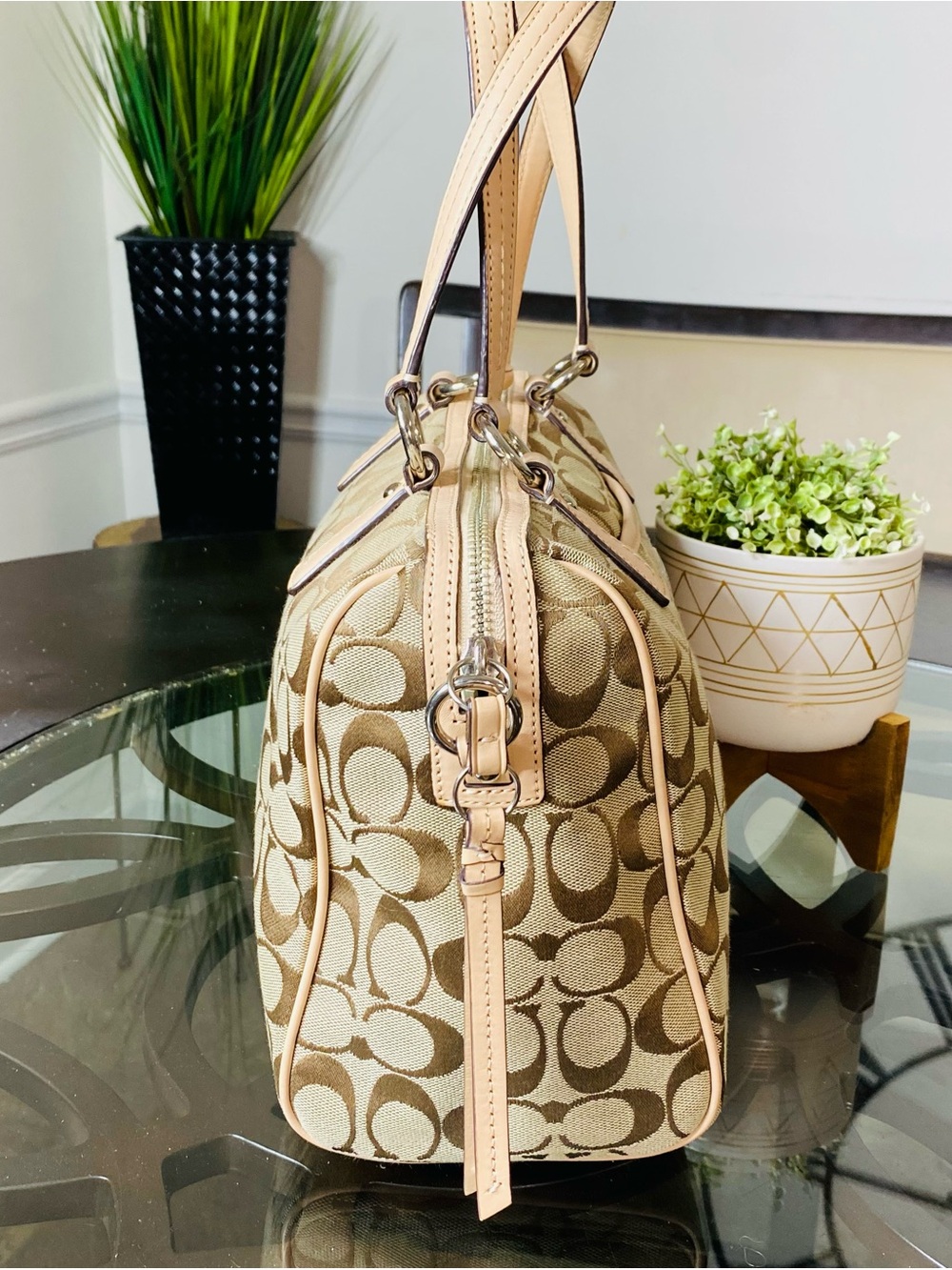 COACH Signature Khaki Jacquard Python Stripe Satchel Handbag F24884 - Picture 6 of 13
